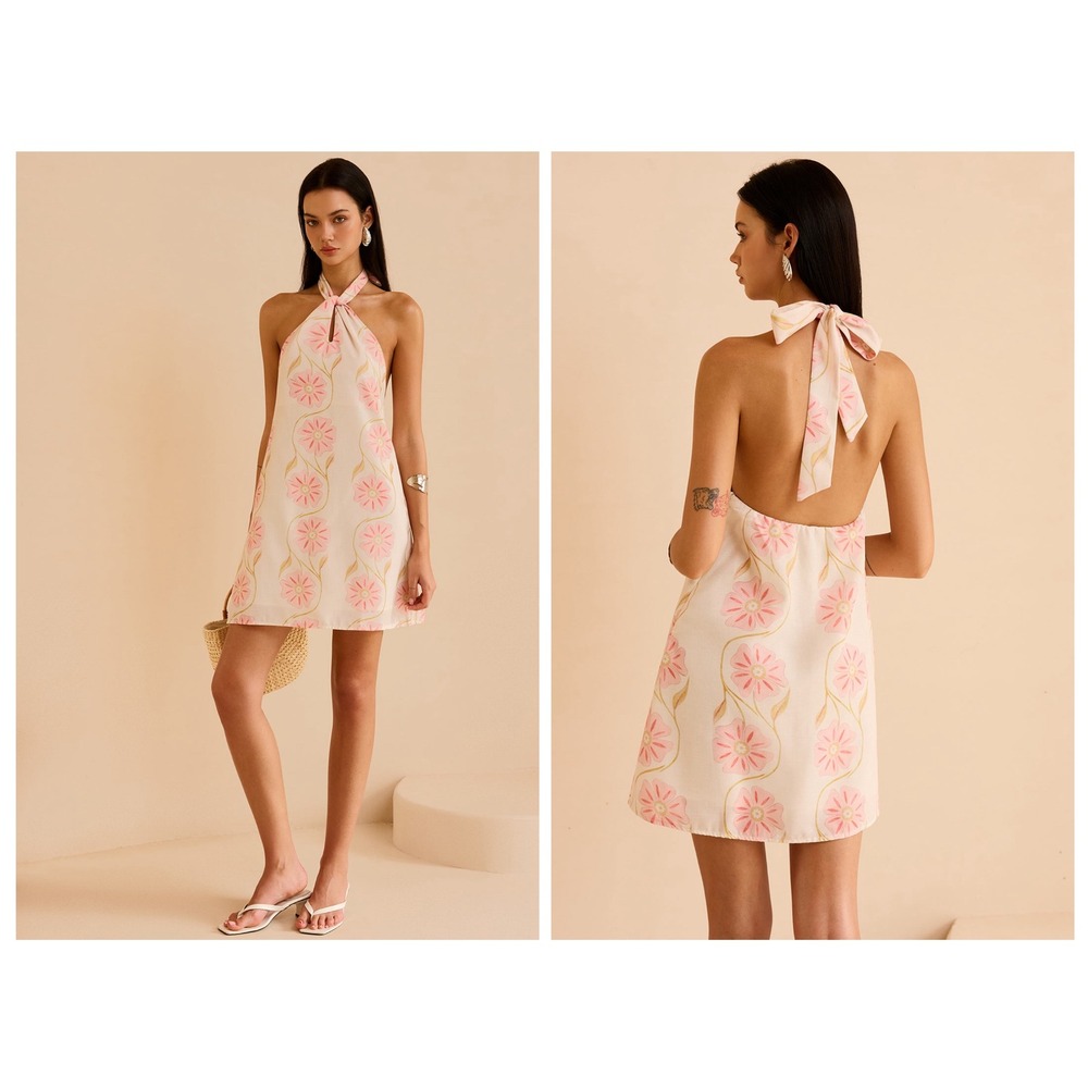 Commense Mini Halter Dress Womens Small Pink Floral Open Back Tie Neck